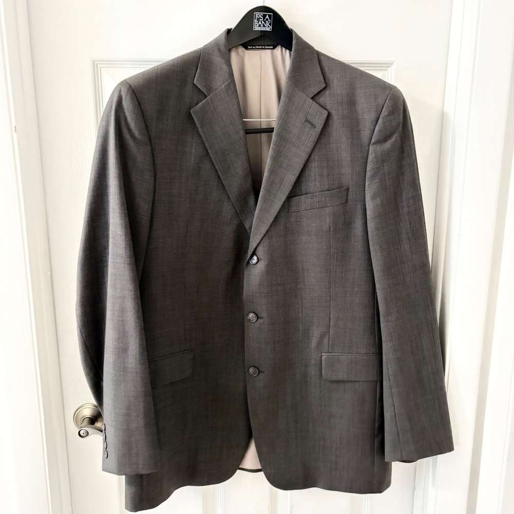 J Victor Mens 44L Gray 100% Wool Suit Jacket Blazer Made in Canada 3 Button Long